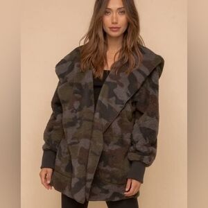 Mystree Plush Hooded Open Front Cardigan Camo Jacket ONE SIZE